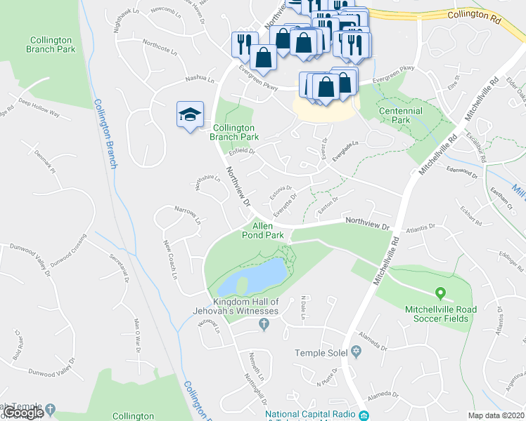map of restaurants, bars, coffee shops, grocery stores, and more near 15305 Echols Court in Bowie