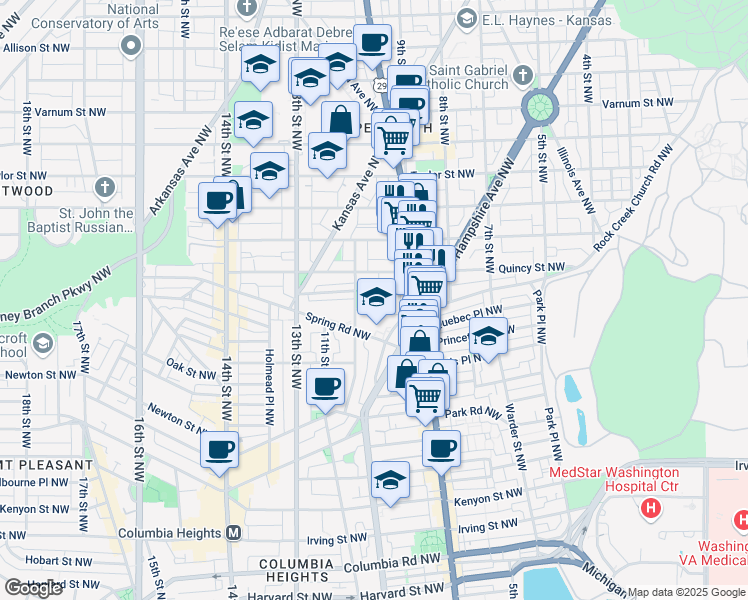 map of restaurants, bars, coffee shops, grocery stores, and more near 3725 10th Street Northwest in Washington