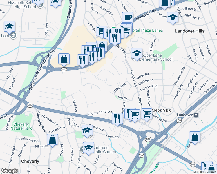 map of restaurants, bars, coffee shops, grocery stores, and more near 3516 65th Avenue in Hyattsville