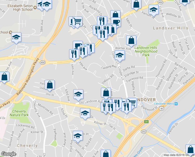 map of restaurants, bars, coffee shops, grocery stores, and more near 3520 65th Avenue in Hyattsville
