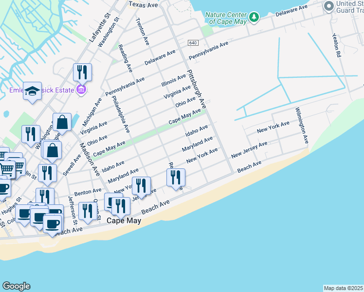 map of restaurants, bars, coffee shops, grocery stores, and more near 1221 Maryland Avenue in Cape May