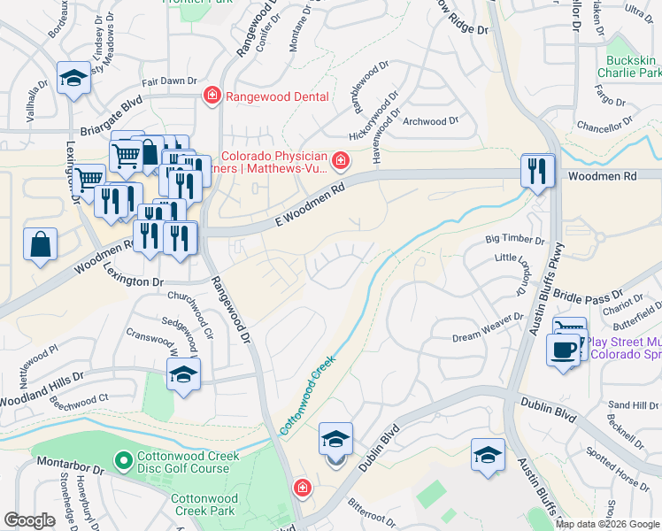 map of restaurants, bars, coffee shops, grocery stores, and more near 7248 Berrybrook Lane in Colorado Springs