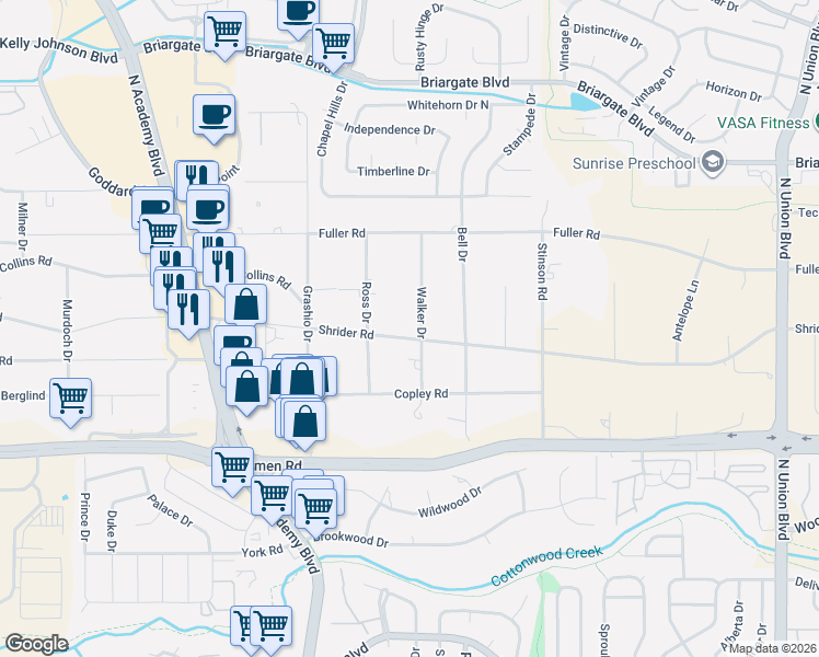 map of restaurants, bars, coffee shops, grocery stores, and more near 7282 Walker Drive in Colorado Springs