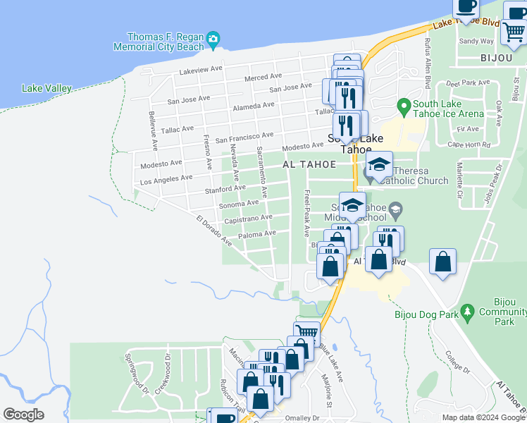 map of restaurants, bars, coffee shops, grocery stores, and more near 838 Sonoma Avenue in South Lake Tahoe