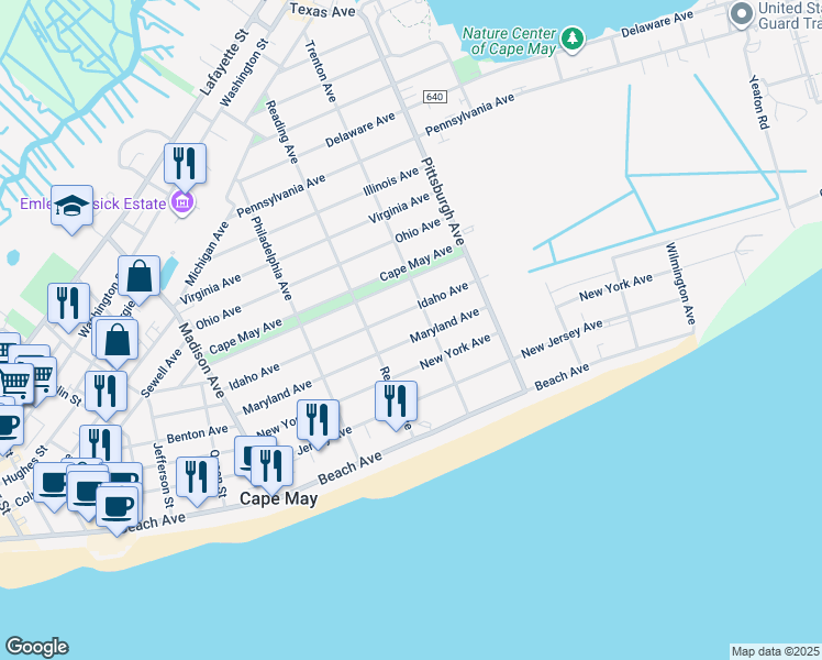 map of restaurants, bars, coffee shops, grocery stores, and more near 1221 Maryland Avenue in Cape May