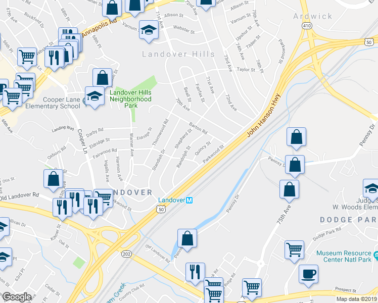 map of restaurants, bars, coffee shops, grocery stores, and more near 6908 Randolph Street in Hyattsville