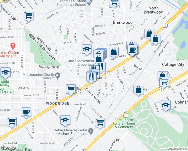 map of restaurants, bars, coffee shops, grocery stores, and more near 101 Independence Avenue Southeast in Washington