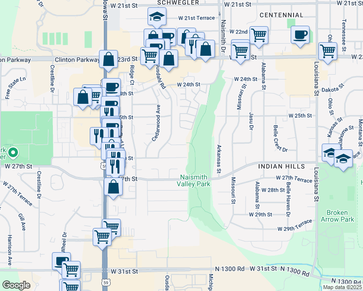 map of restaurants, bars, coffee shops, grocery stores, and more near 1510 West 25th Court in Lawrence