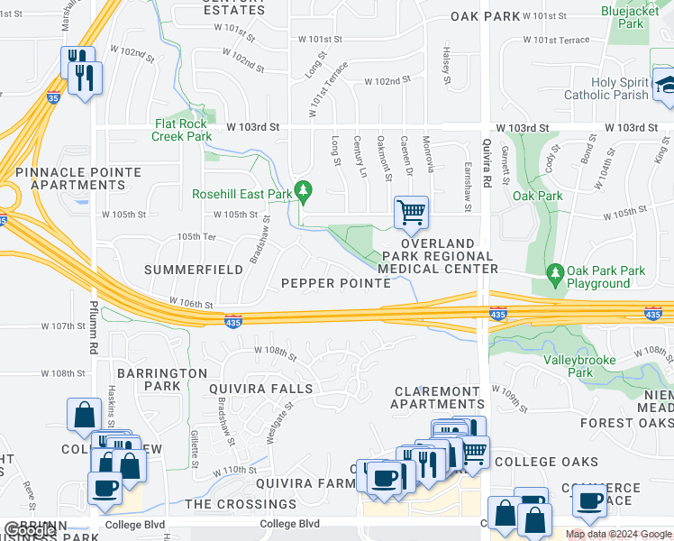 map of restaurants, bars, coffee shops, grocery stores, and more near 12425 West 105th Terrace in Lenexa