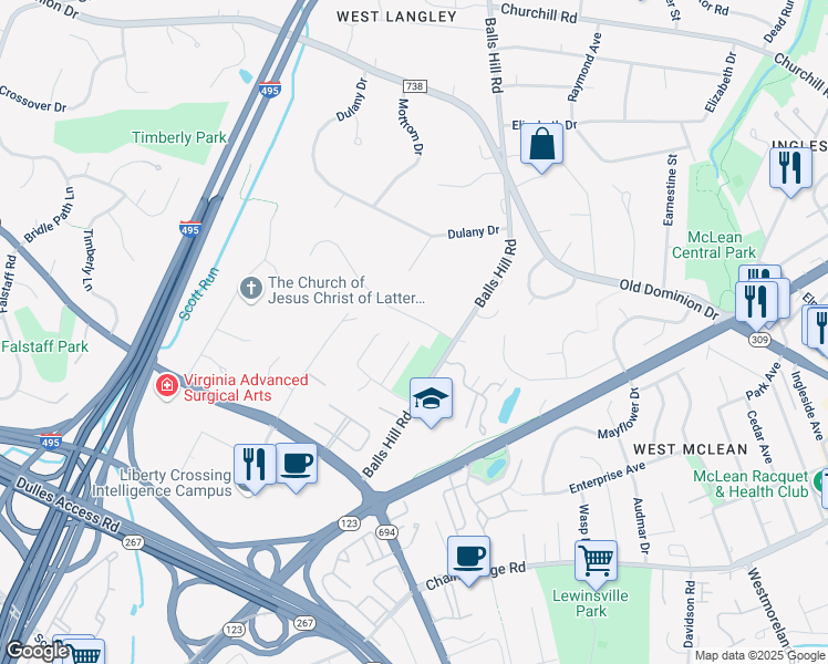 map of restaurants, bars, coffee shops, grocery stores, and more near 7307 Hooking Road in McLean