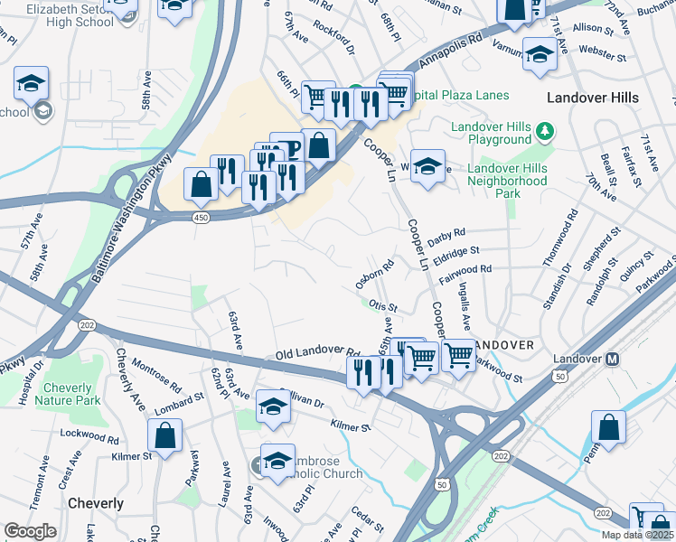 map of restaurants, bars, coffee shops, grocery stores, and more near 3520 65th Avenue in Hyattsville
