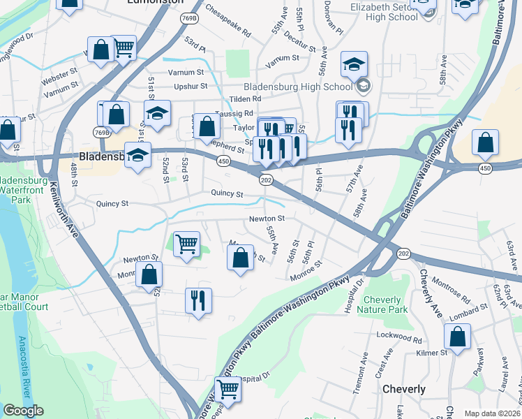 map of restaurants, bars, coffee shops, grocery stores, and more near 3600 55th Avenue in Hyattsville