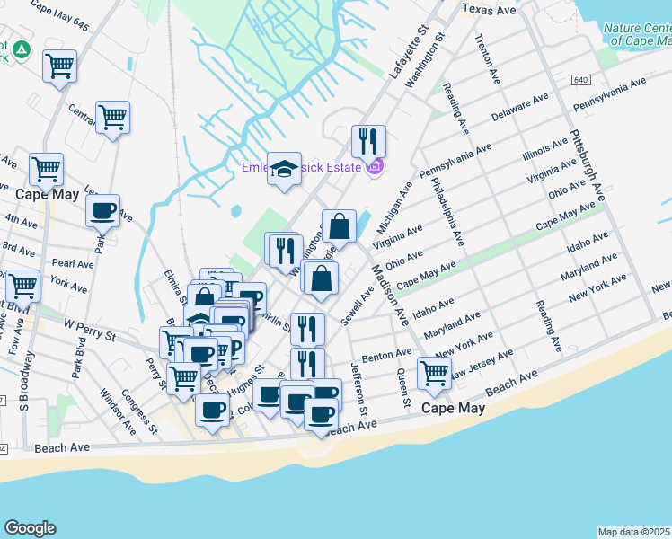 map of restaurants, bars, coffee shops, grocery stores, and more near 5 Liberty Street in Cape May