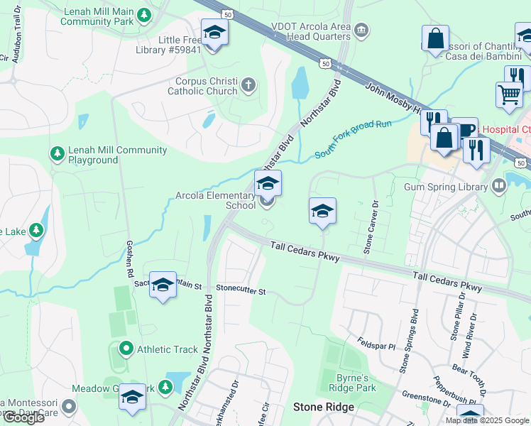 map of restaurants, bars, coffee shops, grocery stores, and more near 41740 Tall Cedars Parkway in Aldie