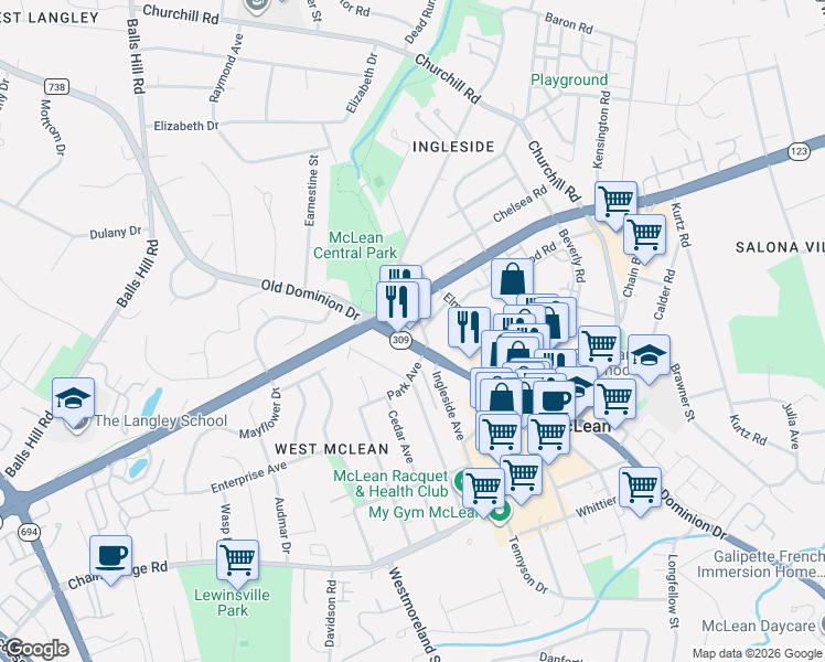 map of restaurants, bars, coffee shops, grocery stores, and more near 6920 Old Dominion Drive in McLean
