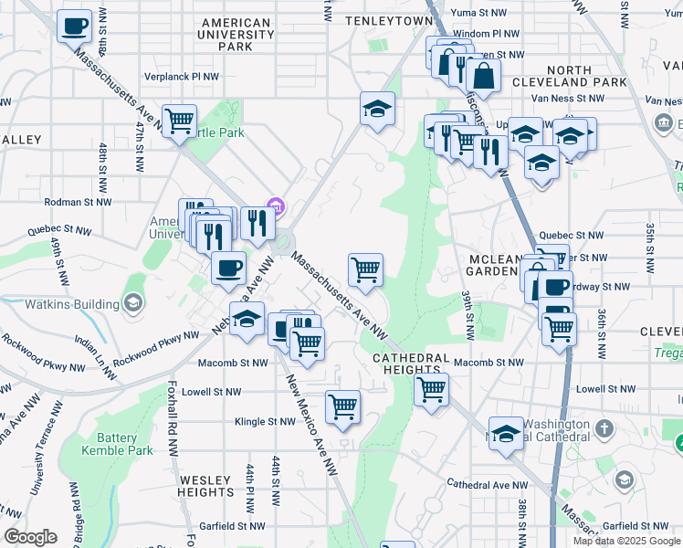 map of restaurants, bars, coffee shops, grocery stores, and more near 4301 Massachusetts Avenue Northwest in Washington