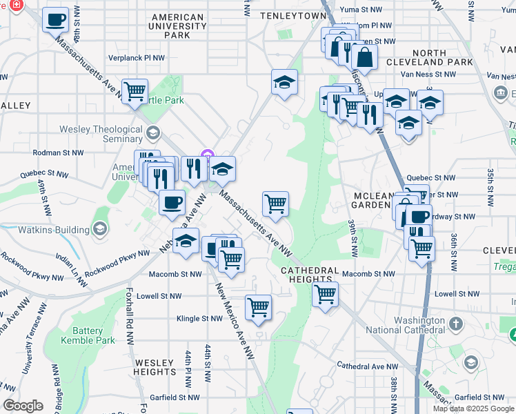 map of restaurants, bars, coffee shops, grocery stores, and more near 4301 Massachusetts Avenue Northwest in Washington