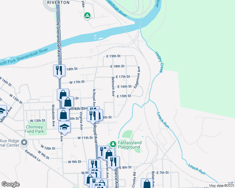 map of restaurants, bars, coffee shops, grocery stores, and more near 112 East 15th Street in Front Royal