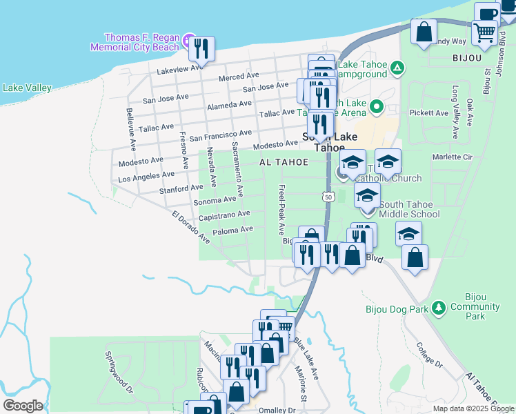 map of restaurants, bars, coffee shops, grocery stores, and more near 877 Capistrano Avenue in South Lake Tahoe