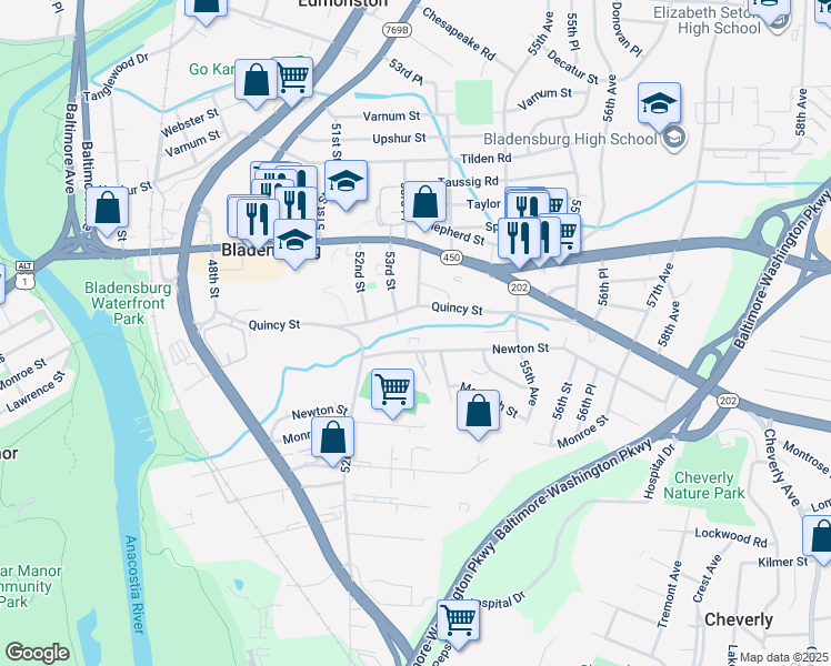 map of restaurants, bars, coffee shops, grocery stores, and more near 5208 Newton Street in Bladensburg