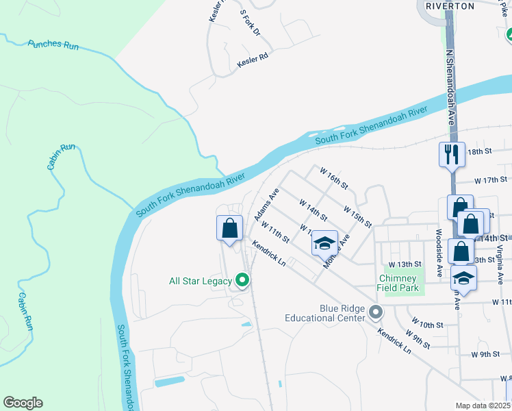 map of restaurants, bars, coffee shops, grocery stores, and more near 908 West 13th Street in Front Royal