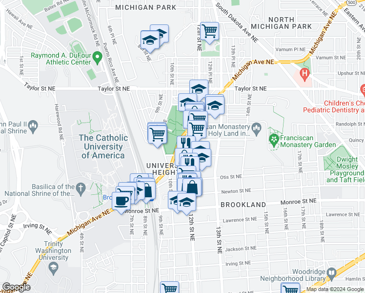 map of restaurants, bars, coffee shops, grocery stores, and more near 1027 Quincy Street Northeast in Washington