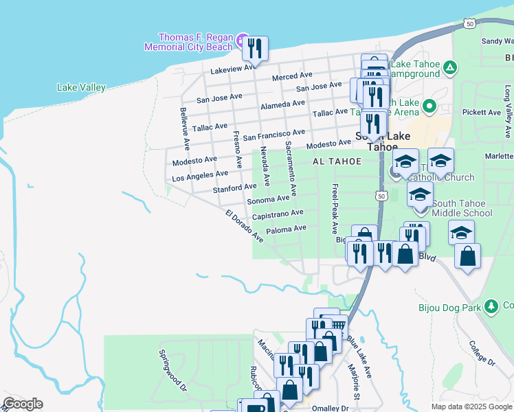 map of restaurants, bars, coffee shops, grocery stores, and more near 802 Sonoma Avenue in South Lake Tahoe