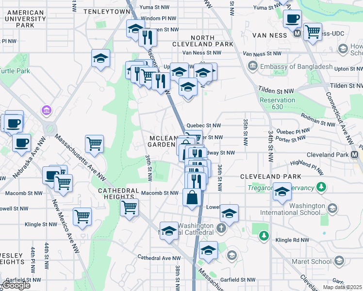 map of restaurants, bars, coffee shops, grocery stores, and more near 3806 Porter Street Northwest in Washington