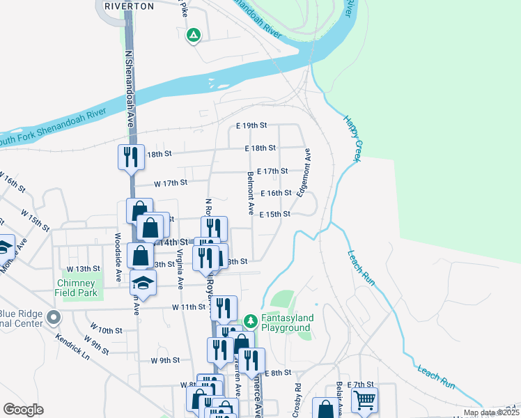 map of restaurants, bars, coffee shops, grocery stores, and more near 112 East 15th Street in Front Royal