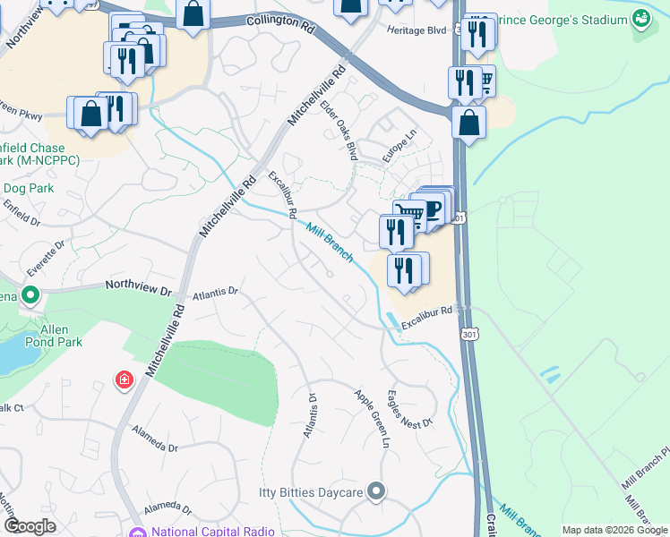 map of restaurants, bars, coffee shops, grocery stores, and more near 16318 Eastham Court in Bowie