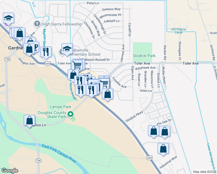 map of restaurants, bars, coffee shops, grocery stores, and more near 1354 El Dorado Drive in Gardnerville