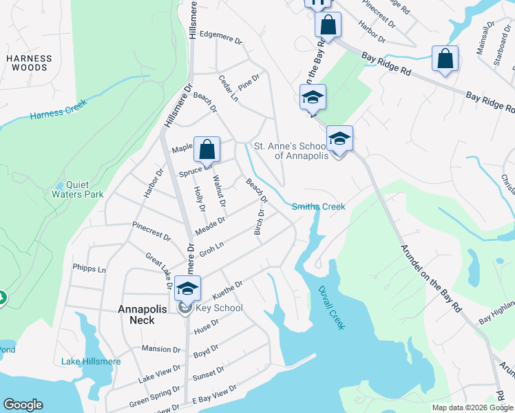 map of restaurants, bars, coffee shops, grocery stores, and more near 133 Meade Drive in Annapolis