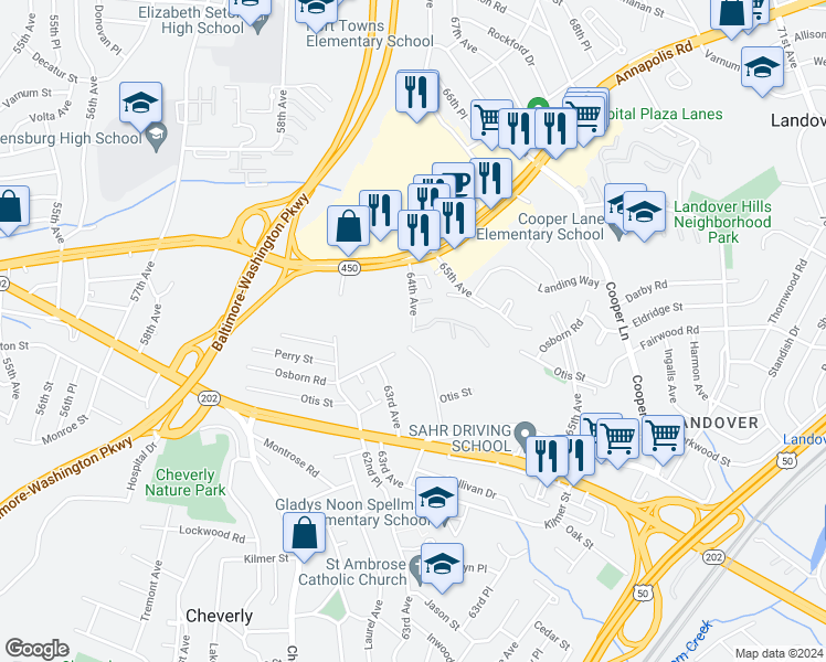 map of restaurants, bars, coffee shops, grocery stores, and more near 3805 64th Avenue in Hyattsville