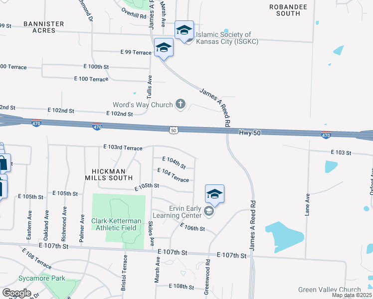 map of restaurants, bars, coffee shops, grocery stores, and more near 8408 East 103rd Terrace in Kansas City