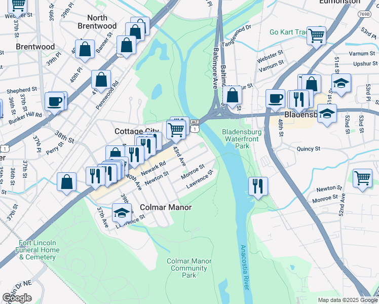 map of restaurants, bars, coffee shops, grocery stores, and more near 4305 Newark Road in Brentwood