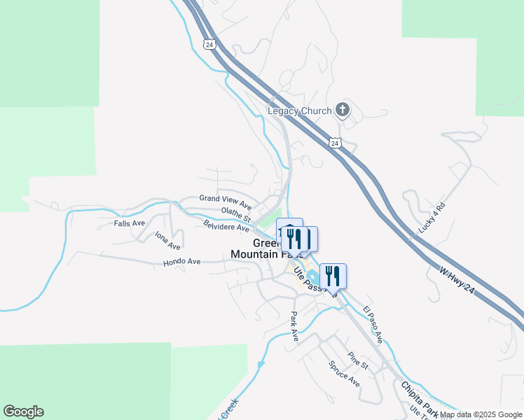 map of restaurants, bars, coffee shops, grocery stores, and more near 10710 Grand View Avenue in Green Mountain Falls