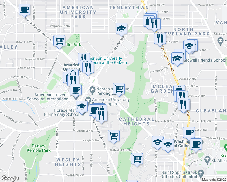 map of restaurants, bars, coffee shops, grocery stores, and more near 4301 Massachusetts Avenue Northwest in Washington