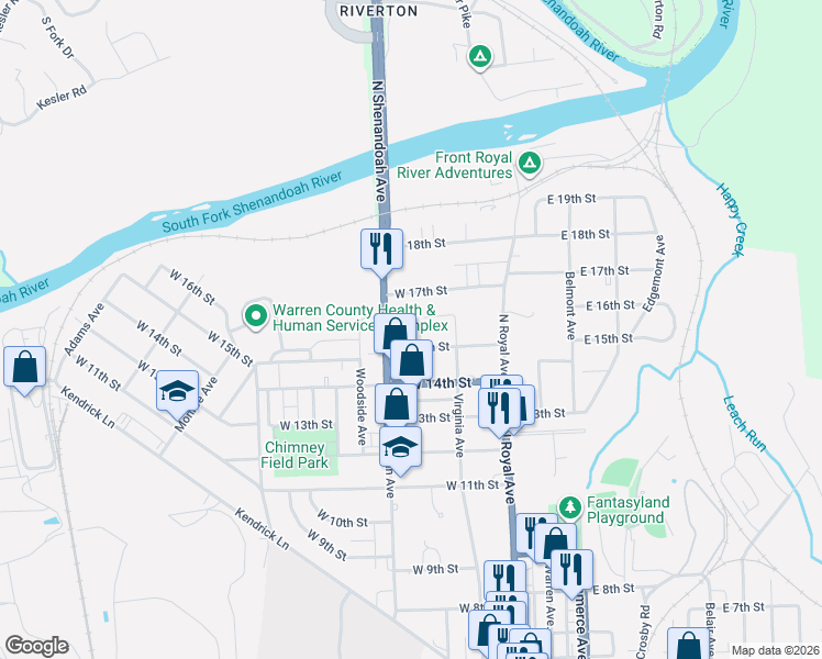 map of restaurants, bars, coffee shops, grocery stores, and more near 124 West 16th Street in Front Royal