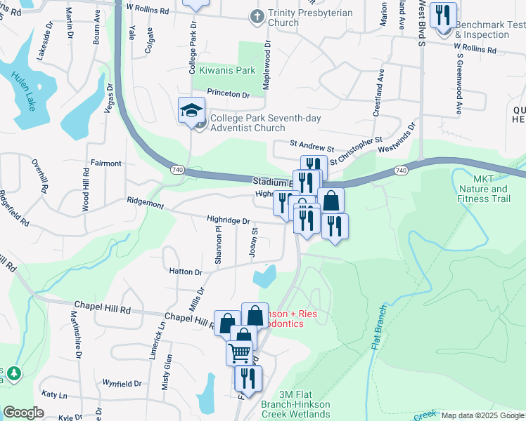 map of restaurants, bars, coffee shops, grocery stores, and more near 1646 Highridge Circle in Columbia