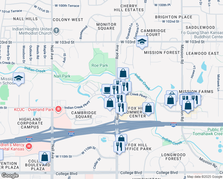 map of restaurants, bars, coffee shops, grocery stores, and more near 4700 Indian Creek Parkway in Overland Park
