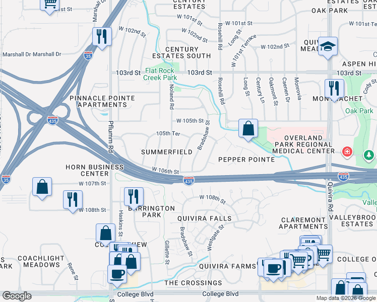 map of restaurants, bars, coffee shops, grocery stores, and more near 10569 Gillette Street in Lenexa