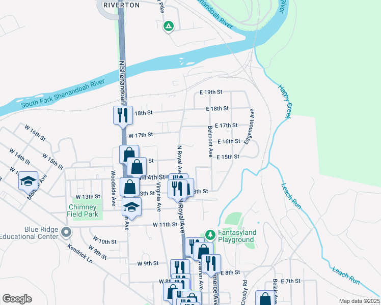 map of restaurants, bars, coffee shops, grocery stores, and more near 1401 North Royal Avenue in Front Royal
