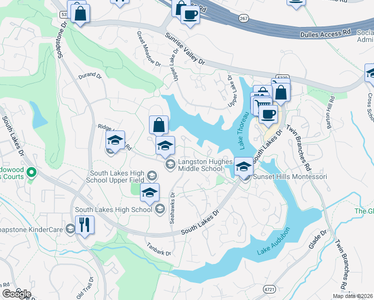 map of restaurants, bars, coffee shops, grocery stores, and more near 2047 Chadds Ford Drive in Reston