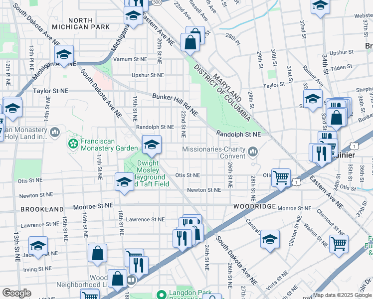 map of restaurants, bars, coffee shops, grocery stores, and more near 3817 22nd Street Northeast in Washington