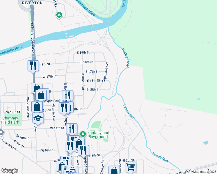 map of restaurants, bars, coffee shops, grocery stores, and more near 20 Crestview Drive in Front Royal