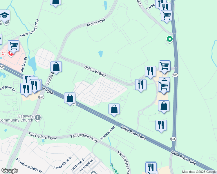 map of restaurants, bars, coffee shops, grocery stores, and more near Harlow Meadows Terrace in Sterling