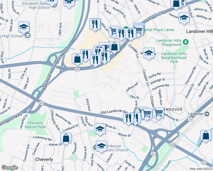 map of restaurants, bars, coffee shops, grocery stores, and more near 3805 64th Avenue in Landover Hills