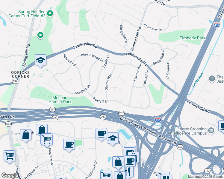 map of restaurants, bars, coffee shops, grocery stores, and more near 7907 Ariel Way in McLean
