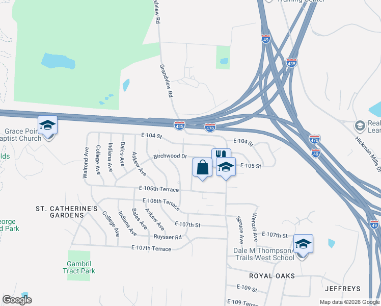 map of restaurants, bars, coffee shops, grocery stores, and more near 3907 East 104th Street in Kansas City