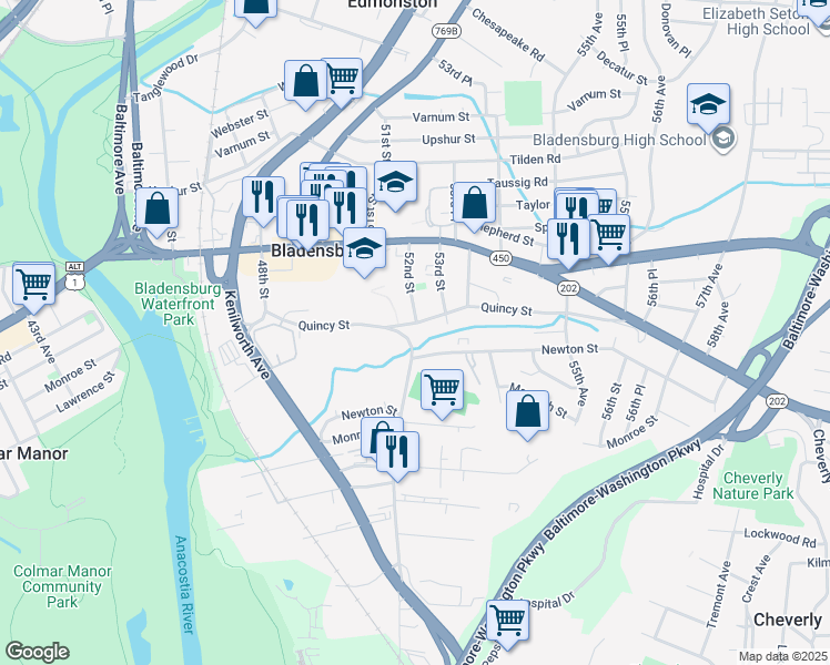 map of restaurants, bars, coffee shops, grocery stores, and more near 5109 Quincy Street in Bladensburg